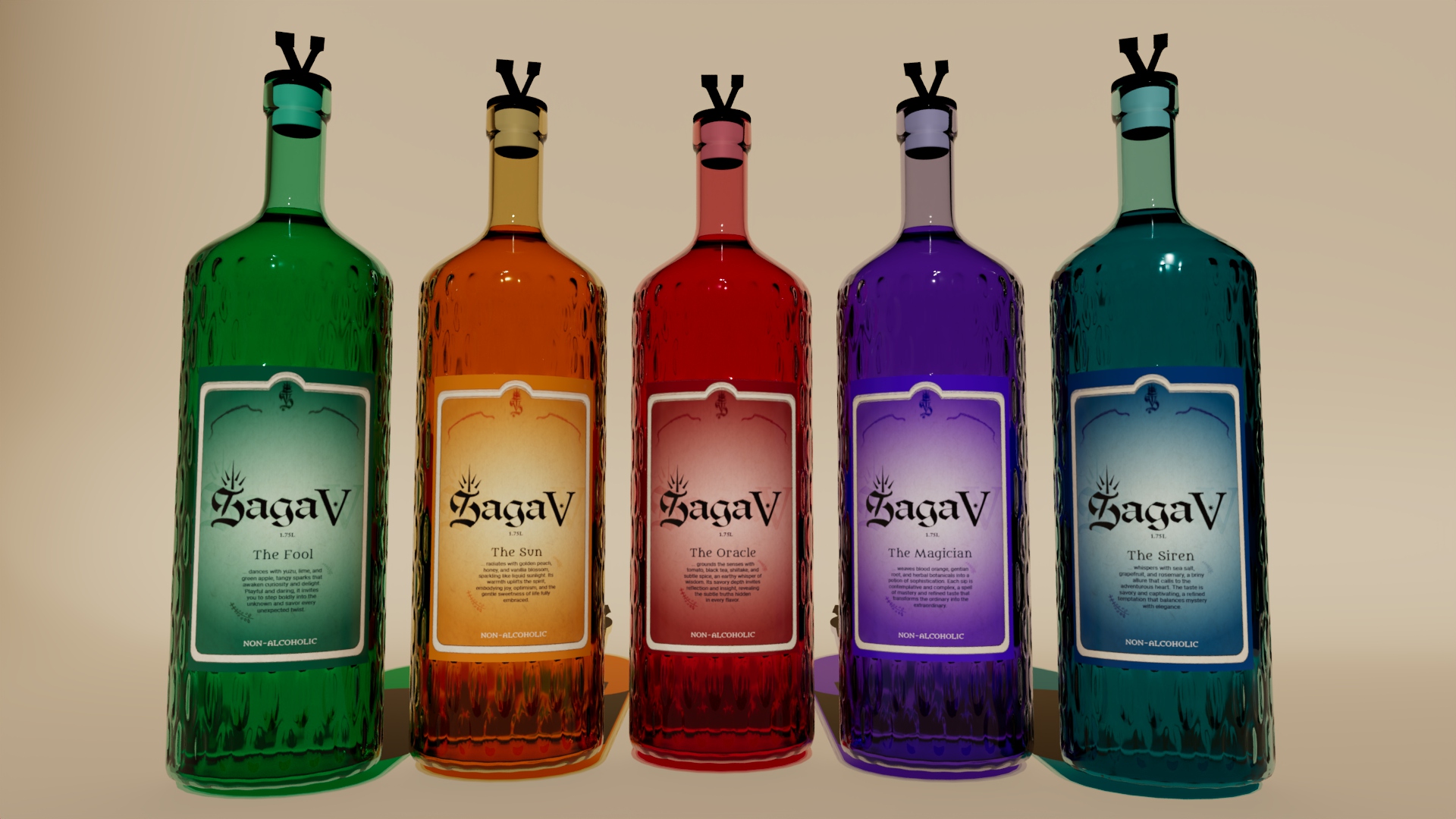 Saga V banner: five front-facing bottles