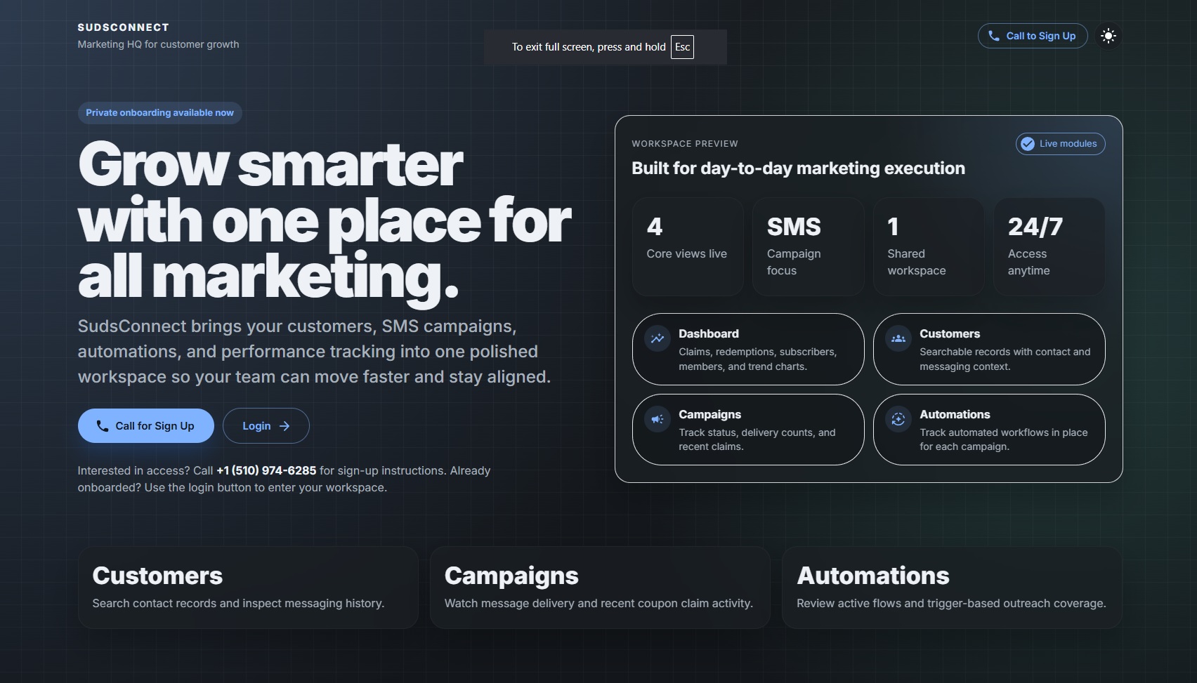 SudsConnect workspace preview showing dashboard modules for customers, campaigns, and settings